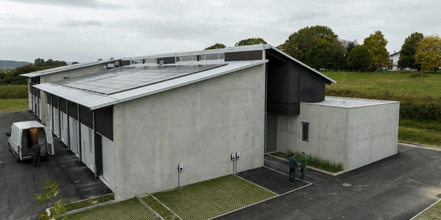 Bâtiment industriel en béton conçu pour accueillir des entreprises agroalimentaires.