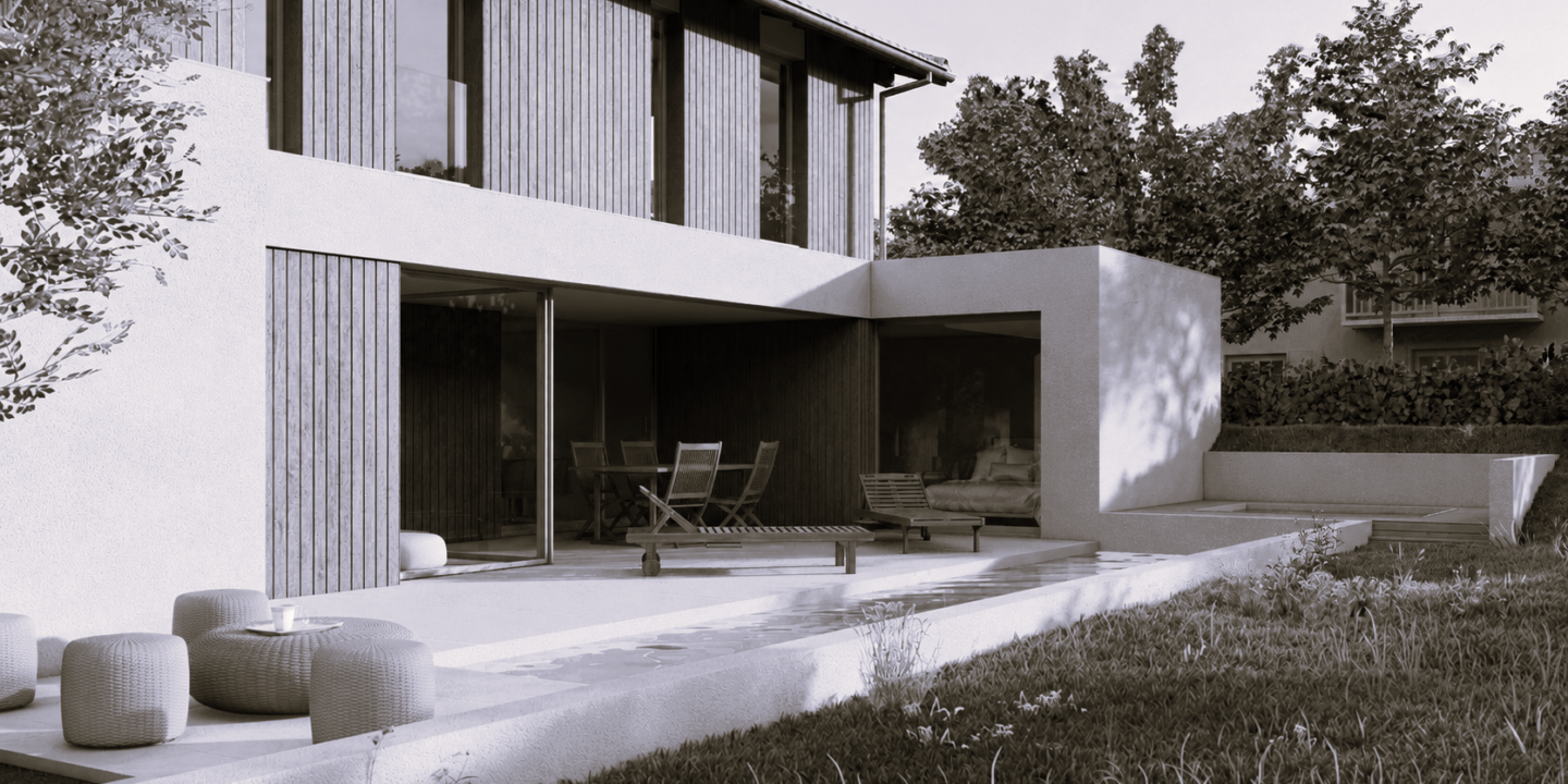 Rendu 3D de l'angle de la villa avec terrasse couverte, mobilier extérieur et piscine, bardage bois et façade blanche contrastés.