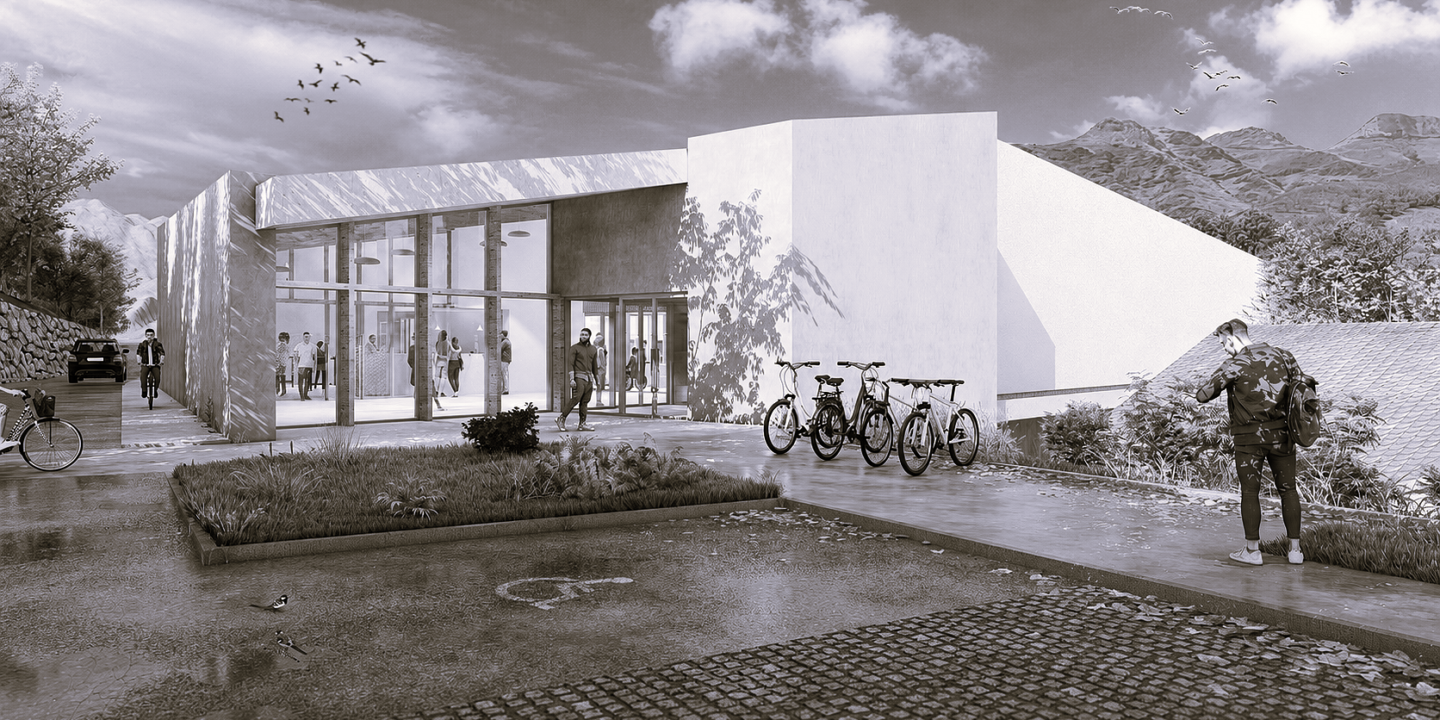 Rendu 3D de l'entrée de la salle omnisport à Baïgorry, façade minérale claire, parvis accessible et parking à vélos face aux montagnes basques.