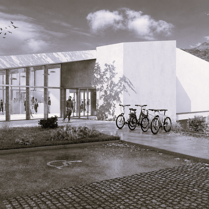 Rendu 3D de l'entrée de la salle omnisport à Baïgorry, façade minérale claire, parvis accessible et parking à vélos face aux montagnes basques.