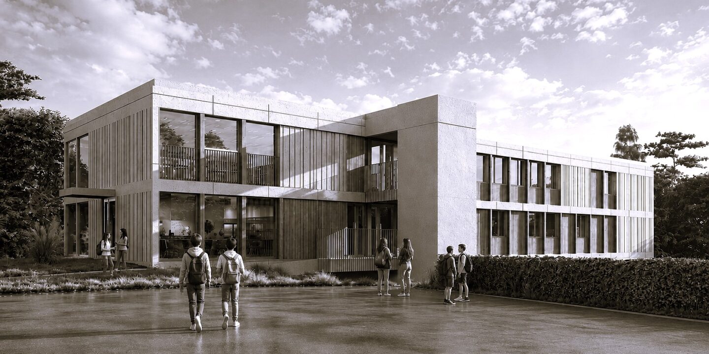 Rendu 3D du bâtiment C du collège Jean-Jacques Rousseau à Bayonne, façade en bardage bois et béton, cour de récréation animée par des élèves.