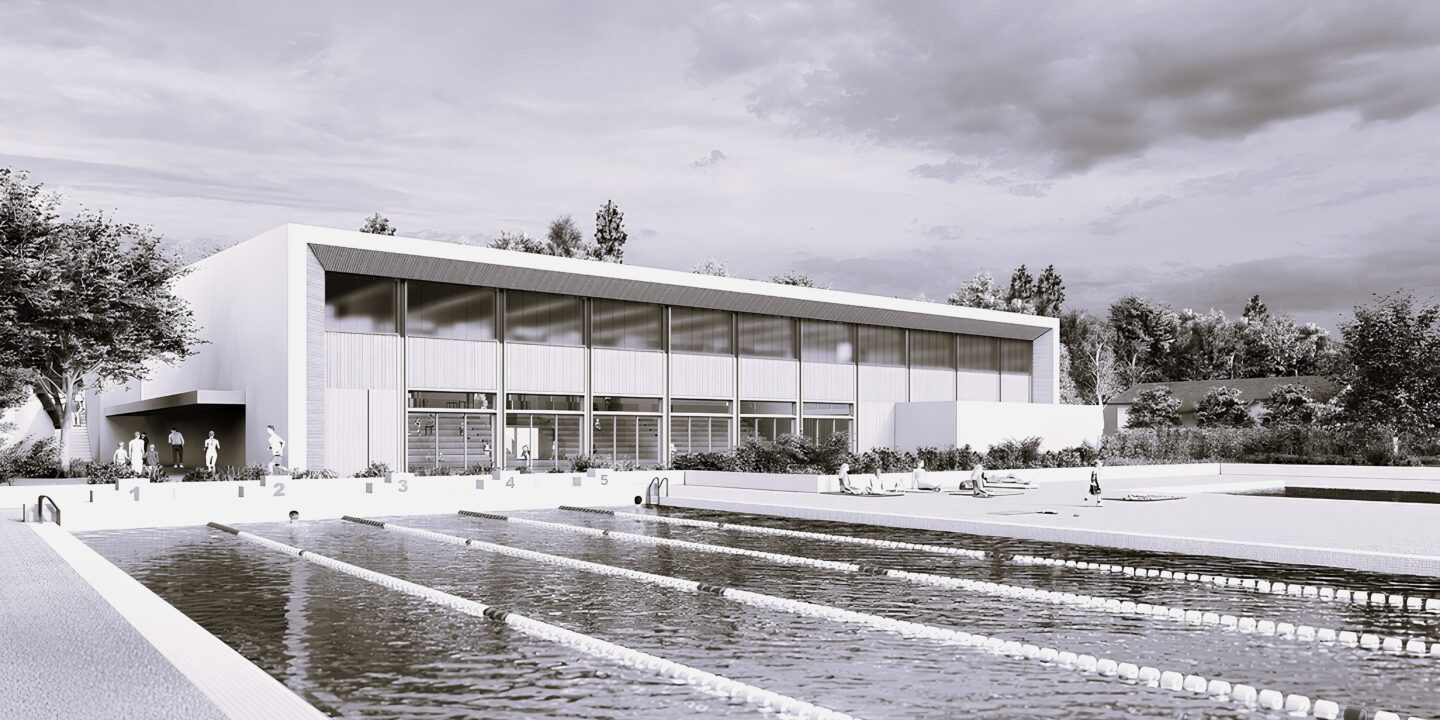 Rendu 3D de la façade de la salle omnisport de Baïgorry vue depuis la piscine, bardage bois et volumes blancs intégrés au paysage arboré.
