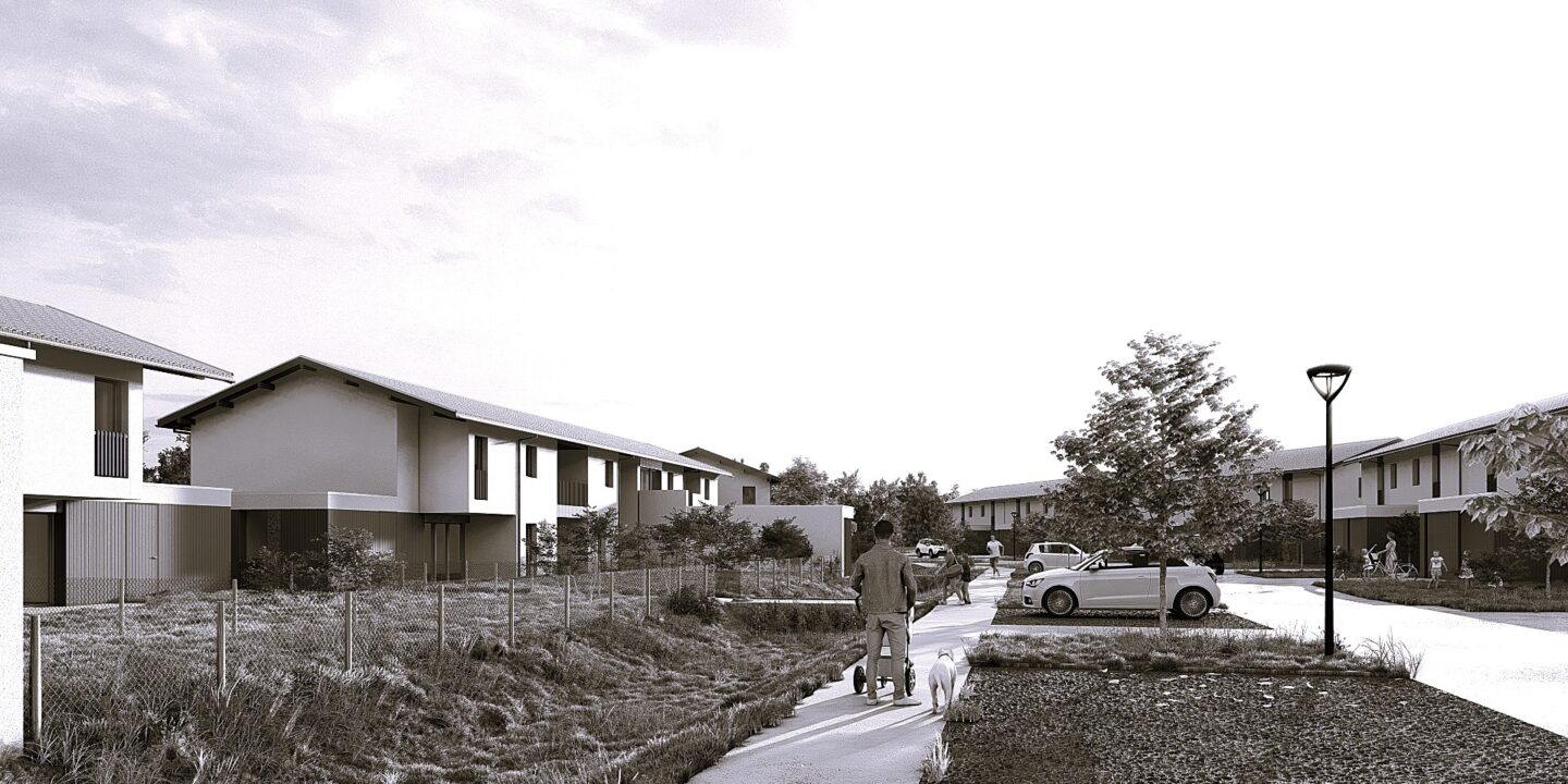 Rendu 3D de la résidence Mendi Pean vue depuis l'allée piétonne, logements collectifs et maisons en bande dans un cadre paysager verdoyant.